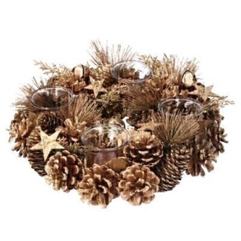 This festive gold fir pinecone and star large t.lite holder is by Designer Gisela Graham holds 4 candles in a wreath shaped design. It will compliment any Christmas decorations and has a matching smaller t.lite holder available. Remember Booker Flowers and Gifts for Gisela Graham Christmas Decorations. 